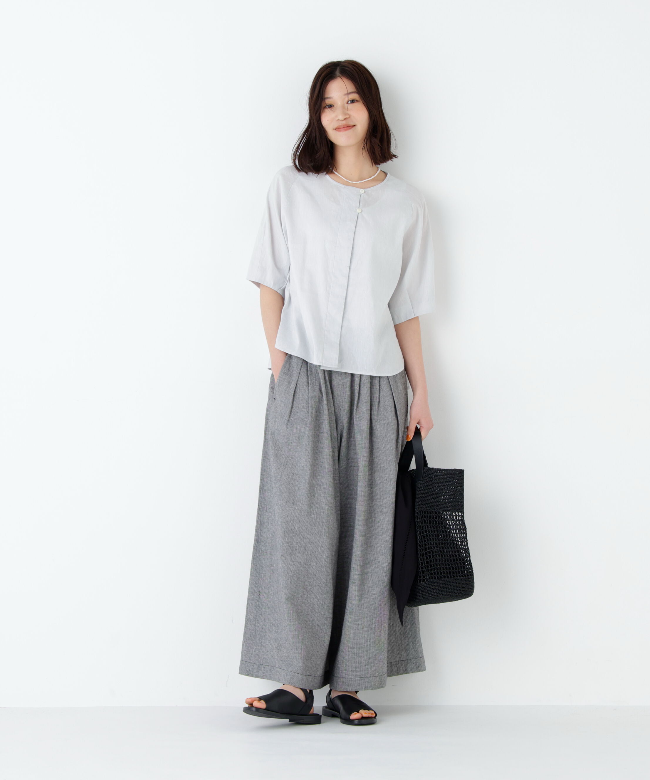  「《洗える》リネンコットンシャンブレー タックスリーブブラウス」|シャツ・ブラウス|