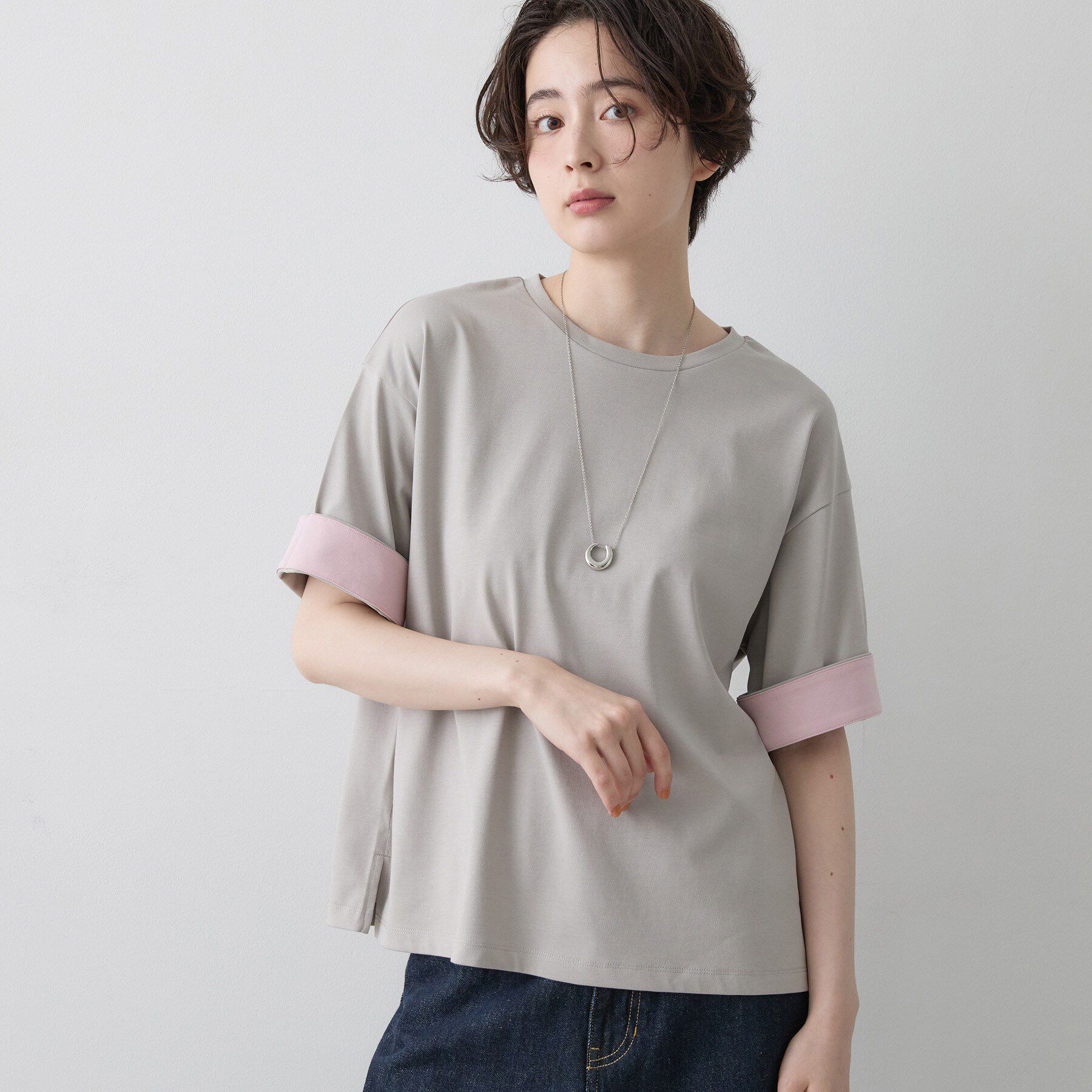 Dessin「【汗シミ防止/UVカット】配色スリーブ 五分袖プルオーバー」|Tシャツ・カットソー|