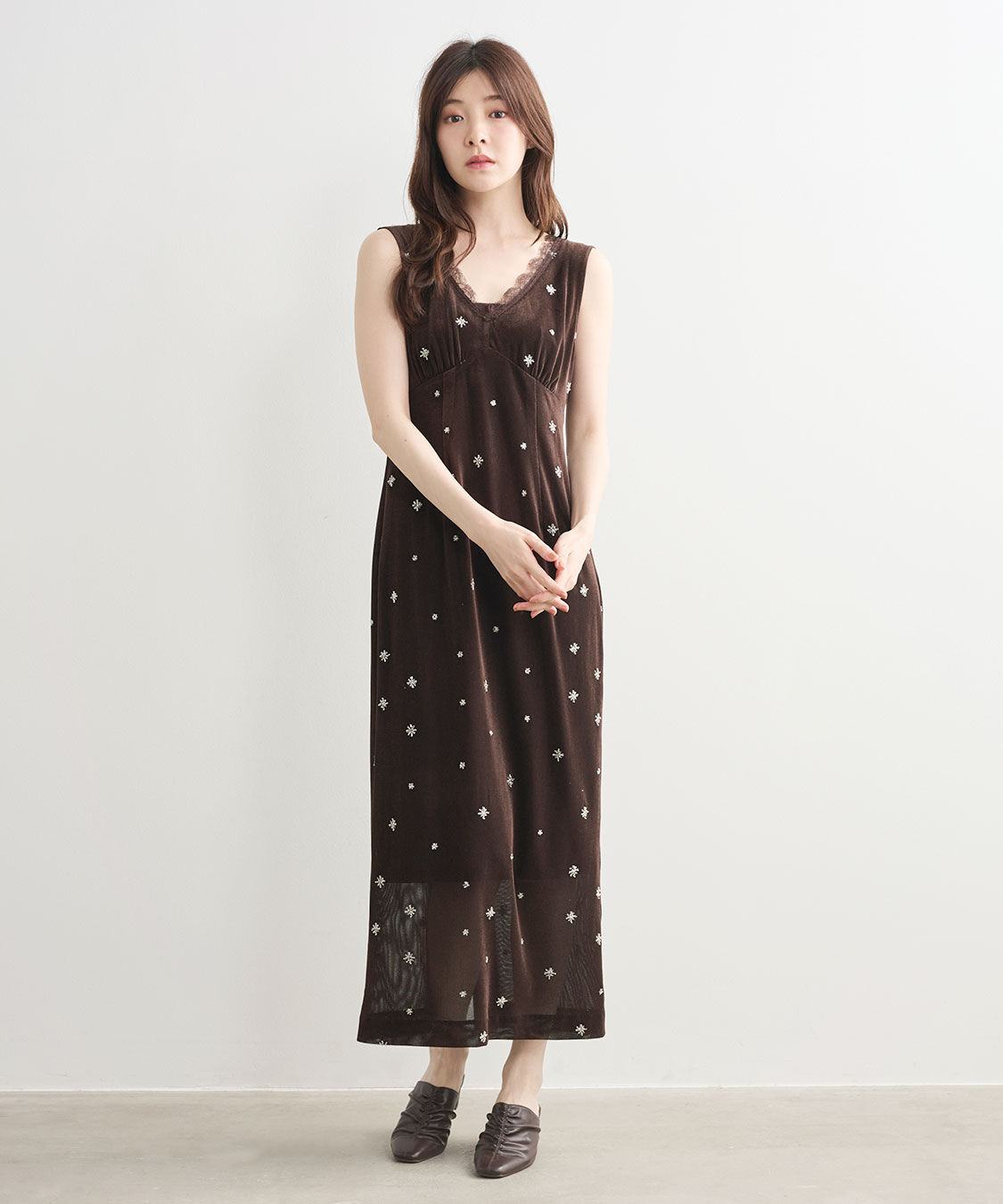 COCO DEAL「ビーズ刺繍Vネックシアーベロアワンピース」|ワンピース|