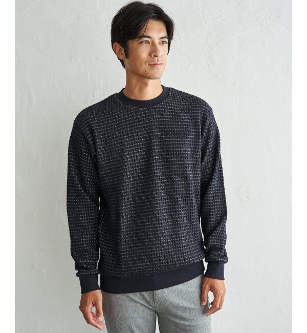 ikka「ビッグ縦ワッフルクルーネックプルオーバー」|パーカー|ネイビーブルー