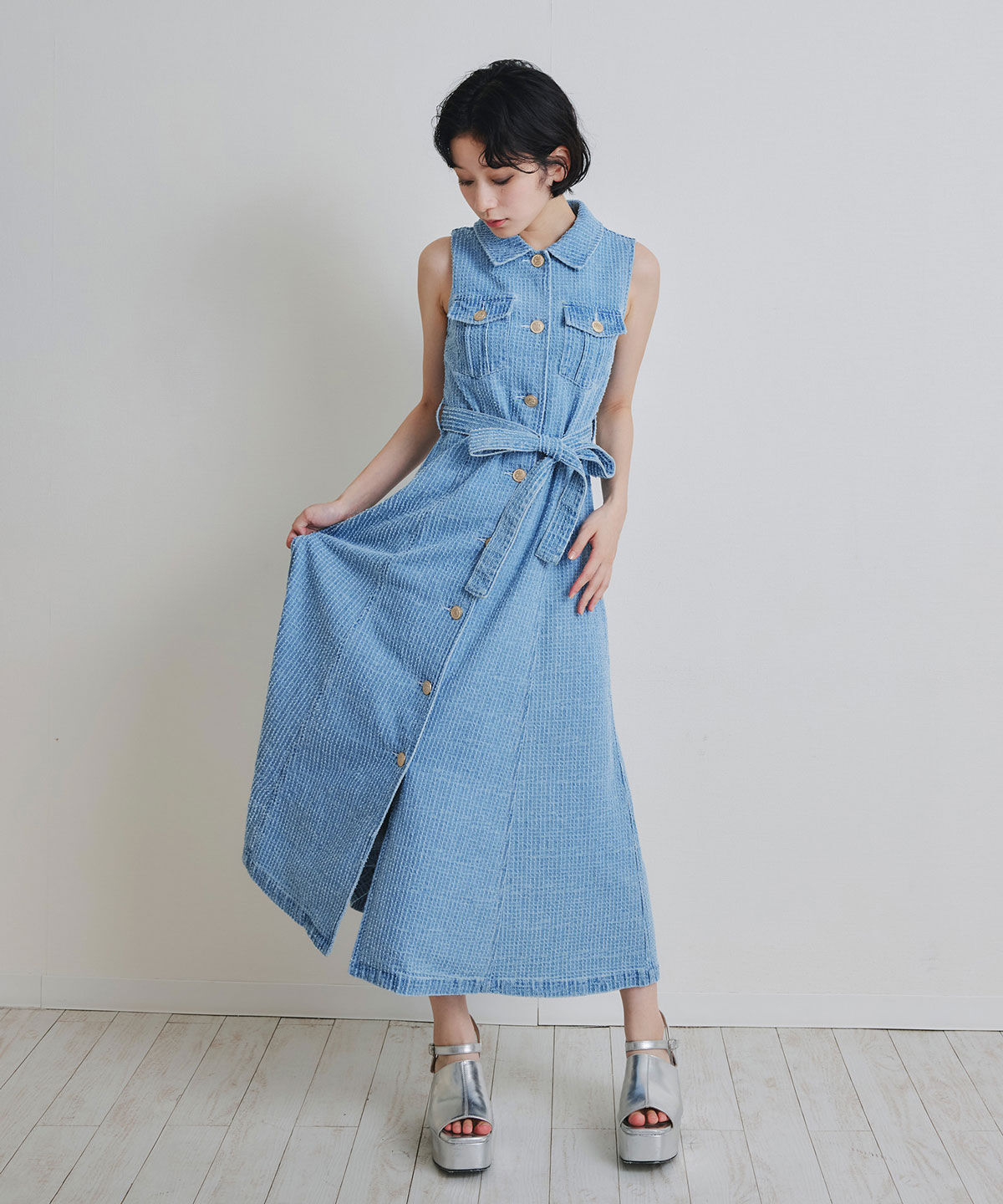 REDYAZEL「レーザーカットデニムロングシャツワンピース」|ワンピース|