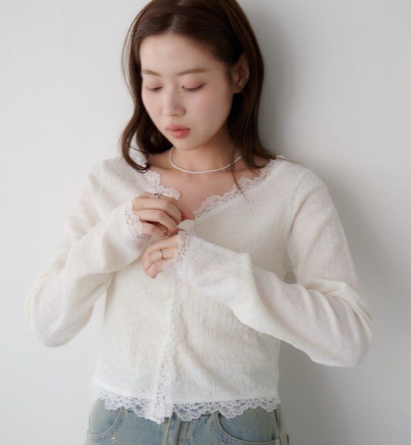  「【新色・新サイズ追加】レース切替カーディガン」|Tシャツ・カットソー|