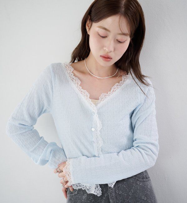  「【新色・新サイズ追加】レース切替カーディガン」|Tシャツ・カットソー|サックスブルー