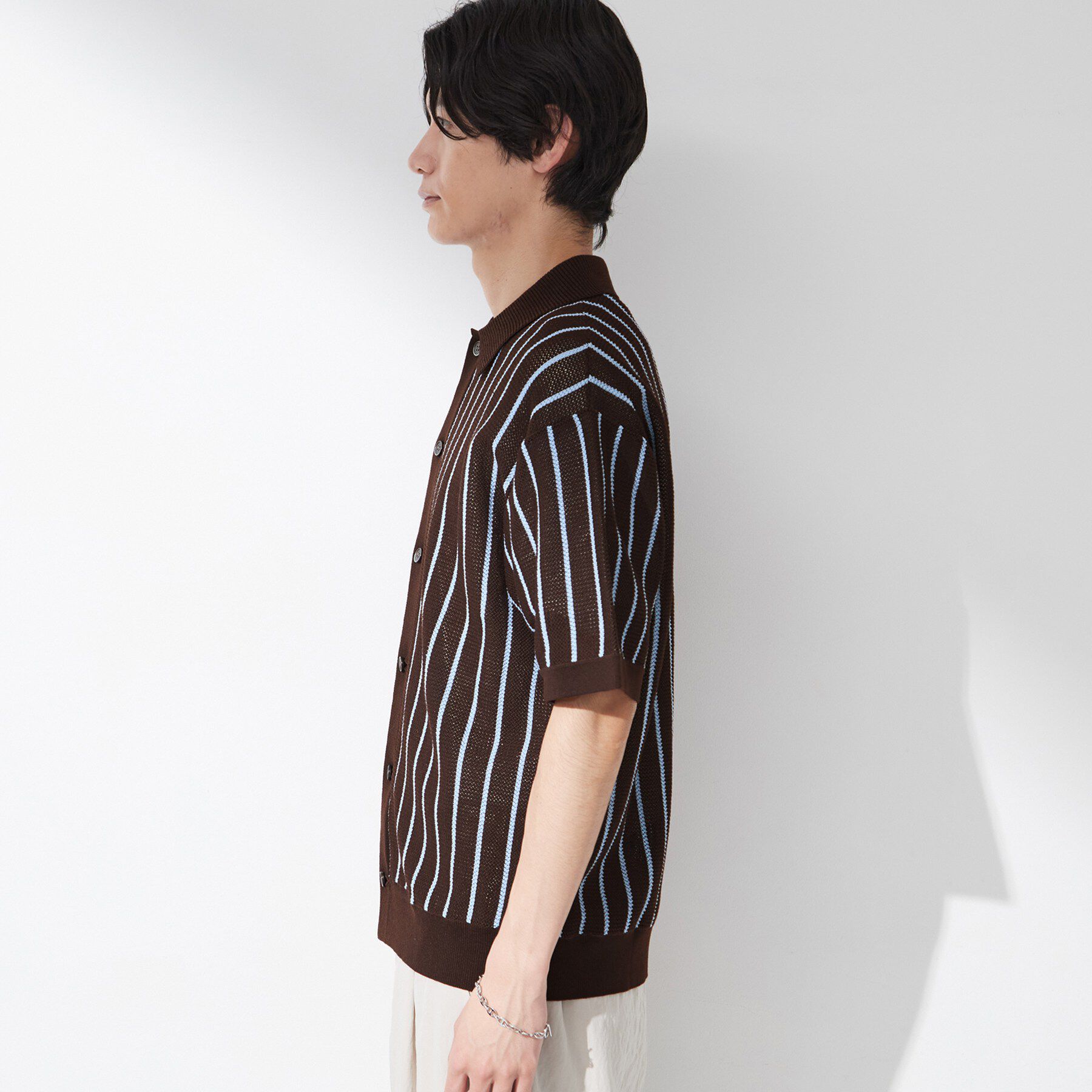 THE SHOP TK「【マシンウォッシャブル】ニットストライプ半袖シャツ」|ニット・セーター|