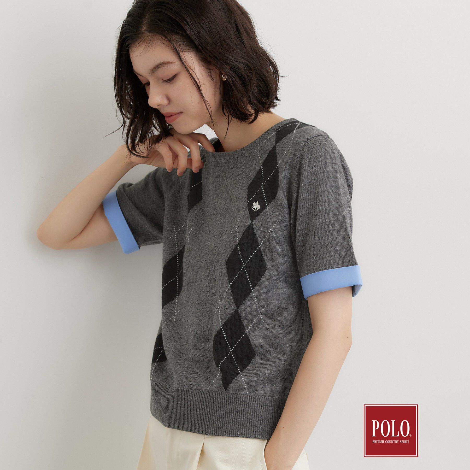 THE SHOP TK「POLO BCS/アーガイル5分袖ニット」|ニット・セーター|