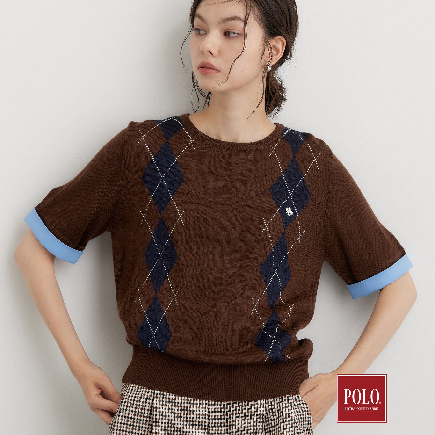 THE SHOP TK「POLO BCS/アーガイル5分袖ニット」|ニット・セーター|ブラウン(043)