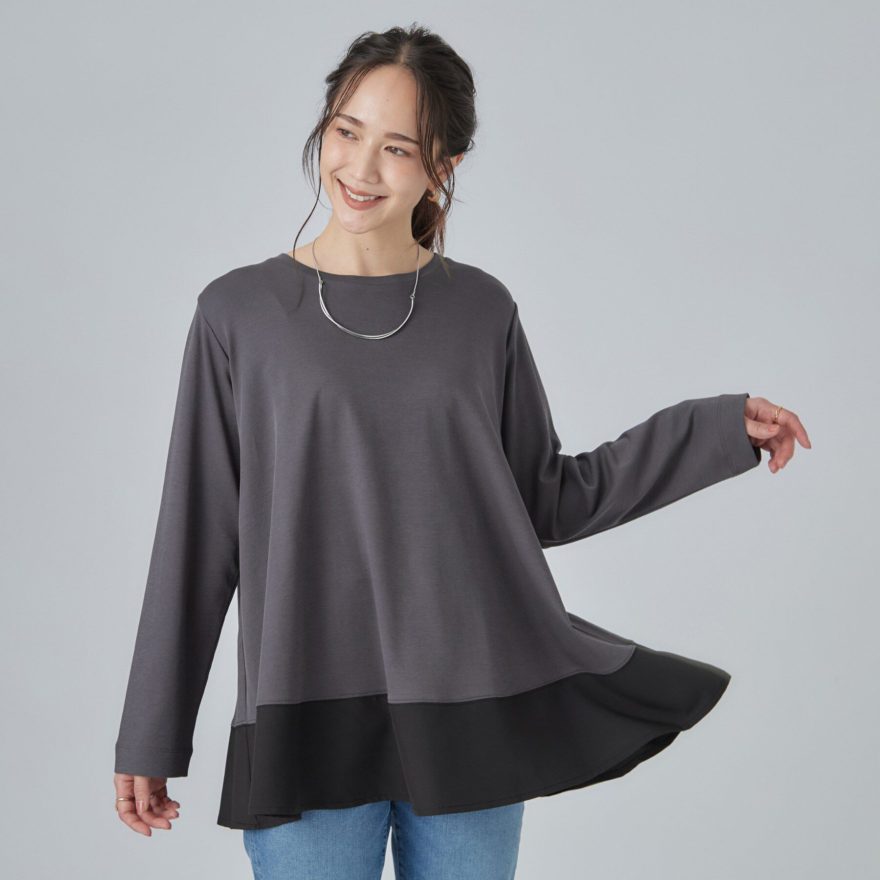 SHOO･LA･RUE「【S-LL/体型カバー】すっぽり隠れる 裾切り替えAライン長袖ゆるトップス」|Tシャツ・カットソー|