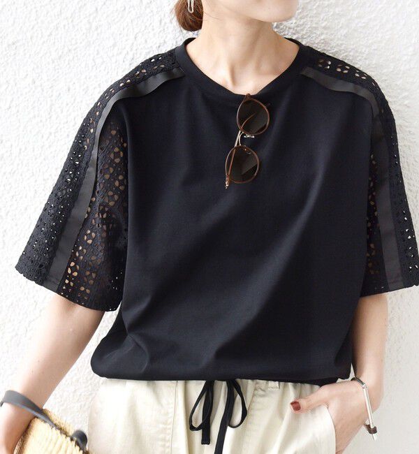 SHIPS for women「【WEB限定】〈手洗い可能〉レース コンビ ショート スリーブ カットソー」|Tシャツ・カットソー|ブラック