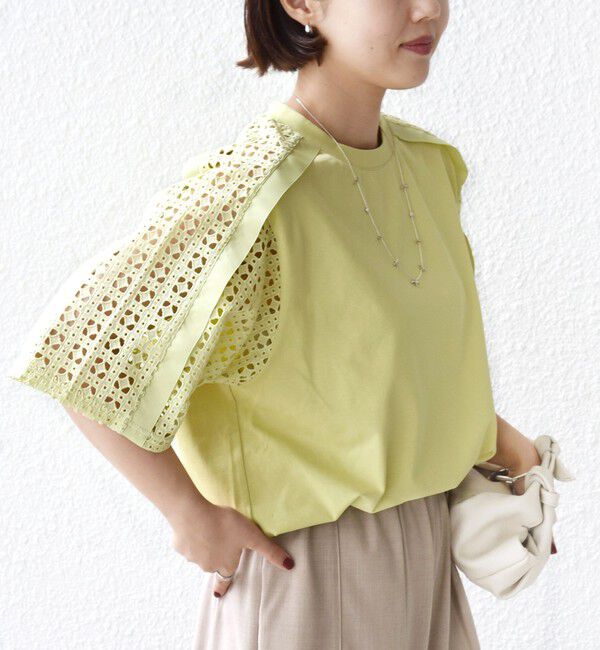SHIPS for women「【WEB限定】〈手洗い可能〉レース コンビ ショート スリーブ カットソー」|Tシャツ・カットソー|イエロー