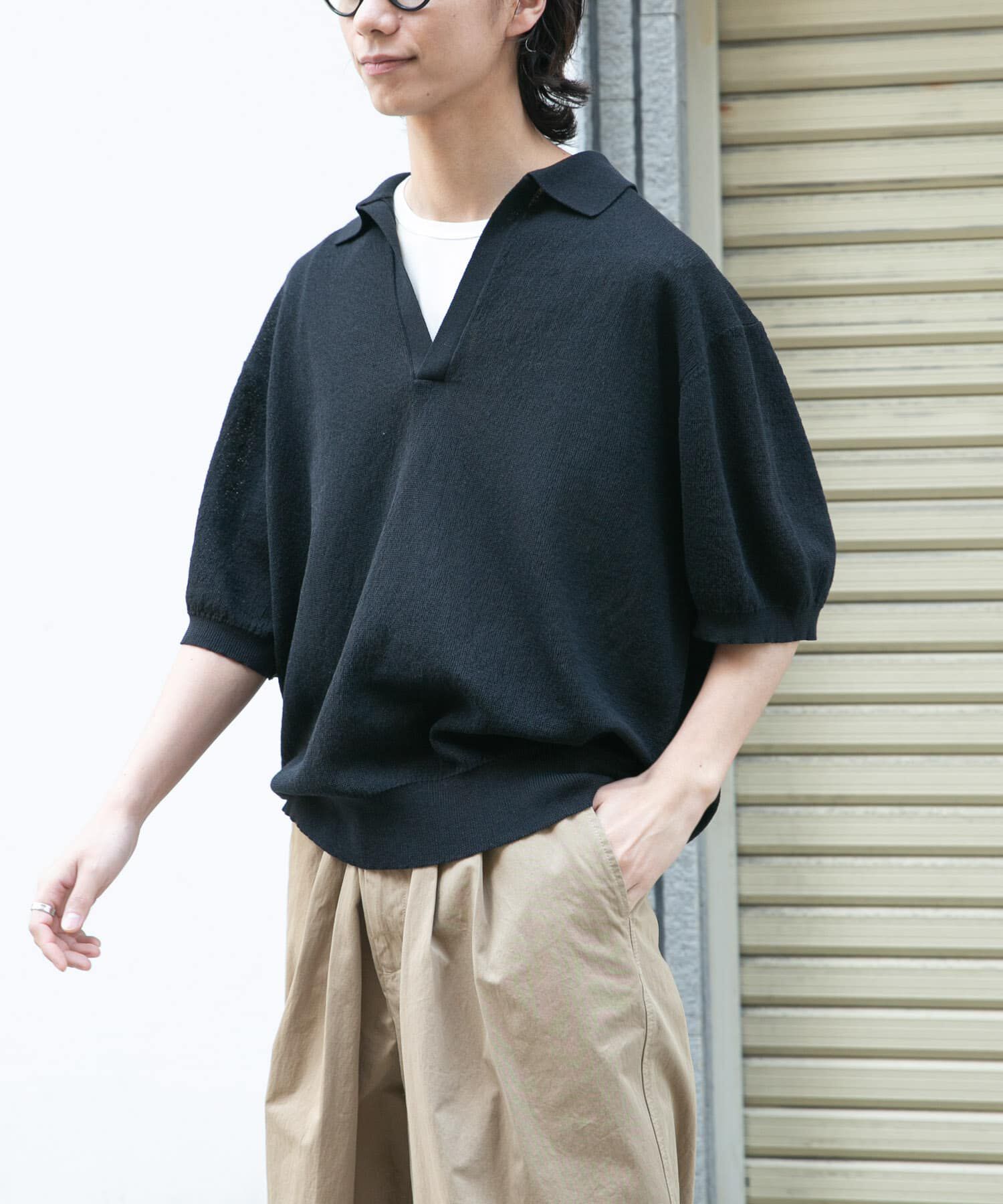 URBAN RESEARCH DOORS「FORK&SPOON　リネンブレンドスキッパーニット」|ニット・セーター|ブラック