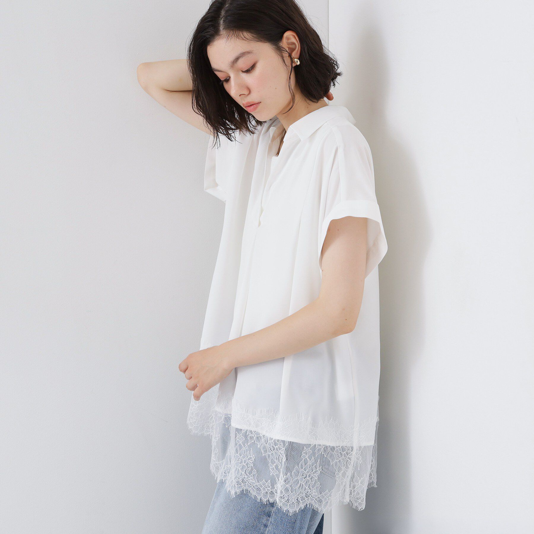 THE SHOP TK「【ひんやり/体型カバー】裾レース切り替え スキッパーシャツ」|シャツ・ブラウス|