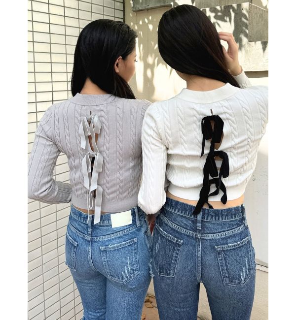 GYDA「BACKリボンケーブル編みニットトップス」|ニット・セーター|