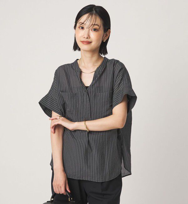UNITED ARROWS green label relaxing「シアー ストライプ ポケット ショートスリーブ ブラウス」|シャツ・ブラウス|NAVY