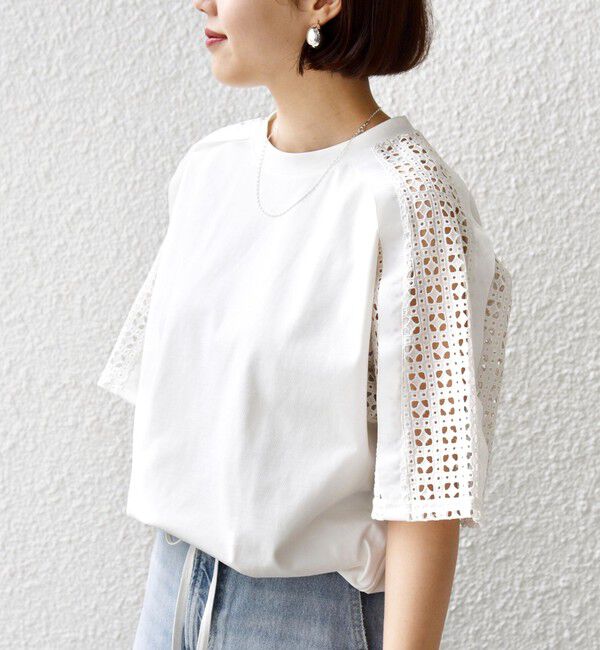 SHIPS for women「【WEB限定】〈手洗い可能〉レース コンビ ショート スリーブ カットソー」|Tシャツ・カットソー|