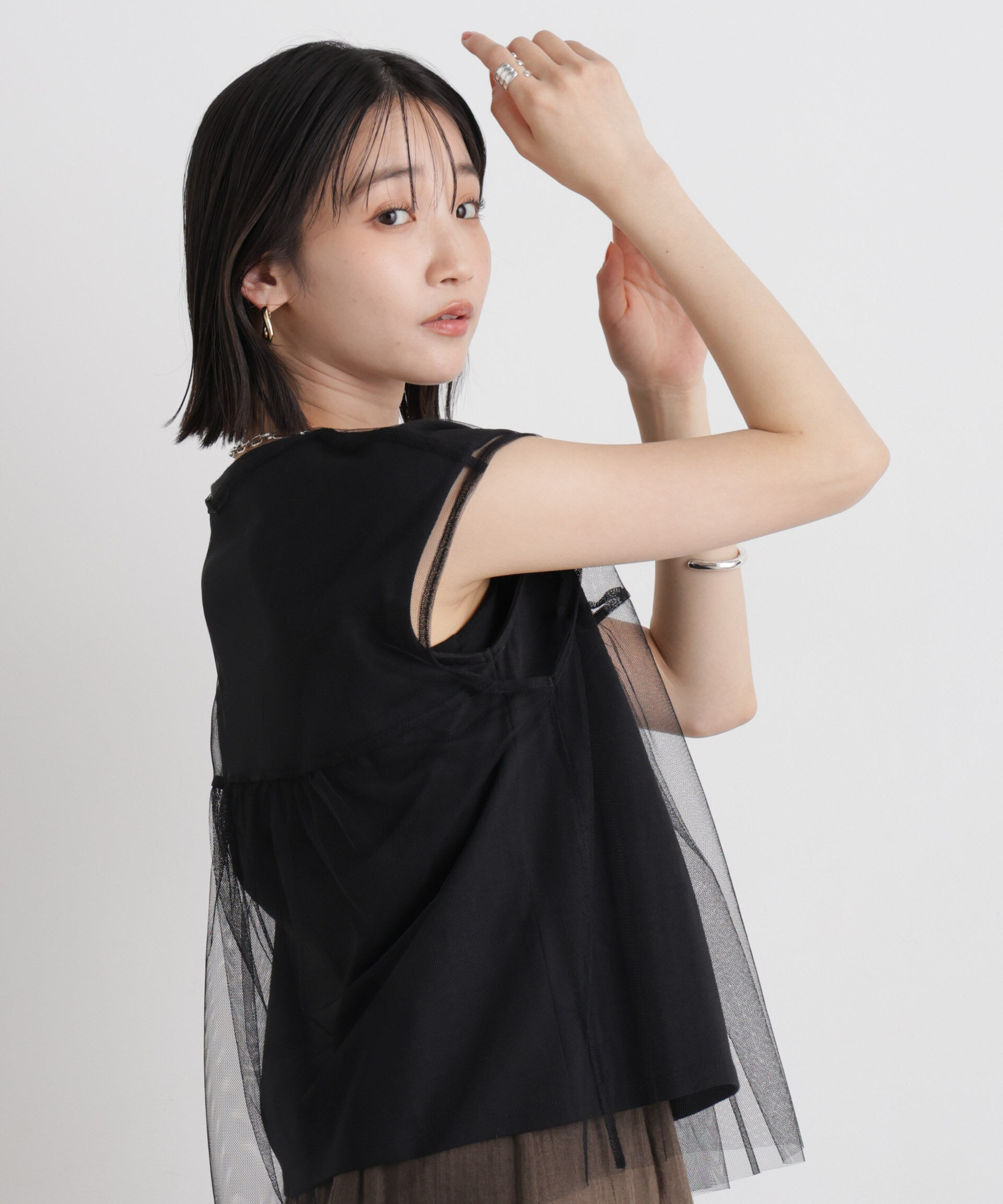 NANO universe「チュールギャザーブラウス&カットトップス アンサンブルセット」|Tシャツ・カットソー|