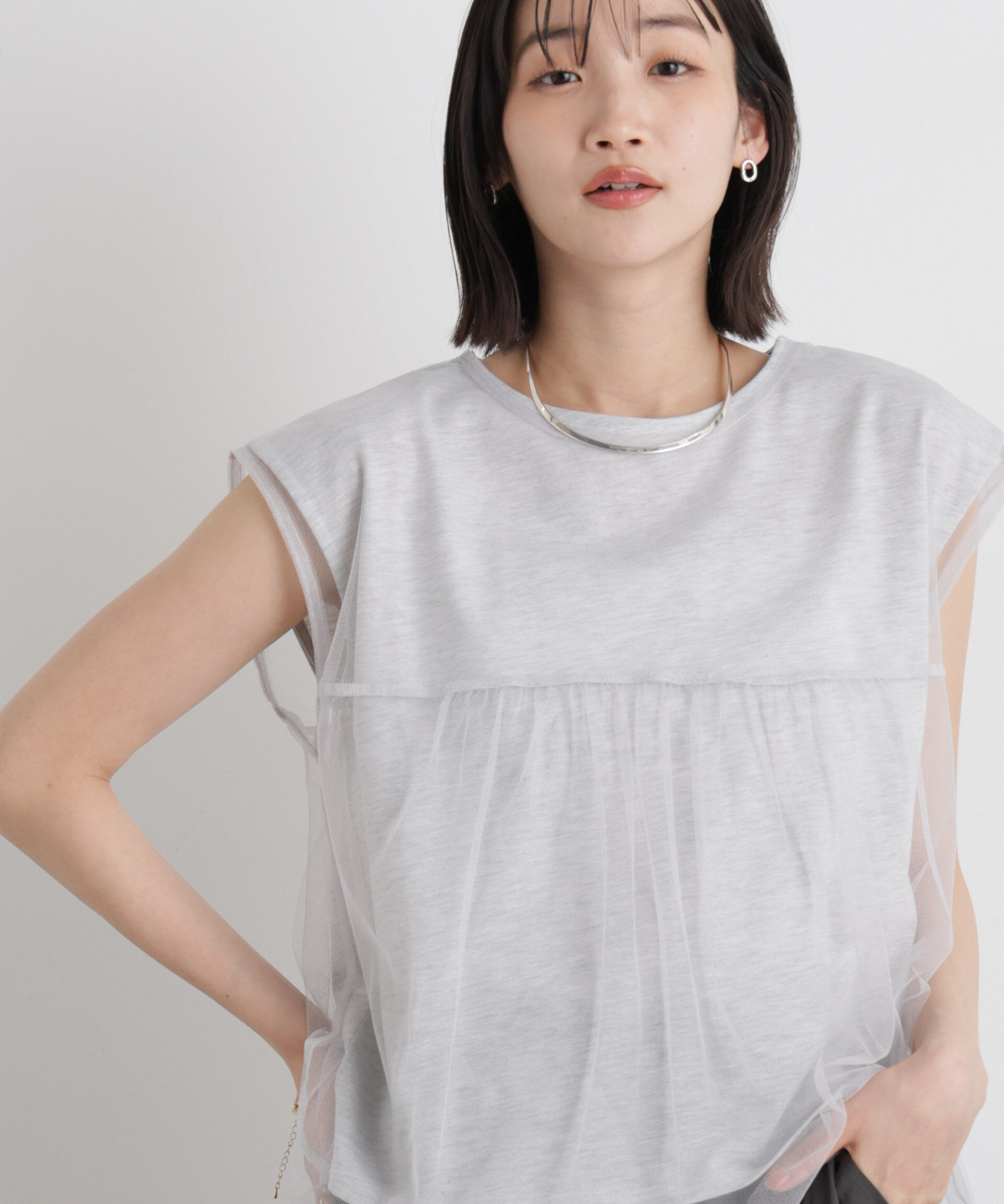 NANO universe「チュールギャザーブラウス&カットトップス アンサンブルセット」|Tシャツ・カットソー|