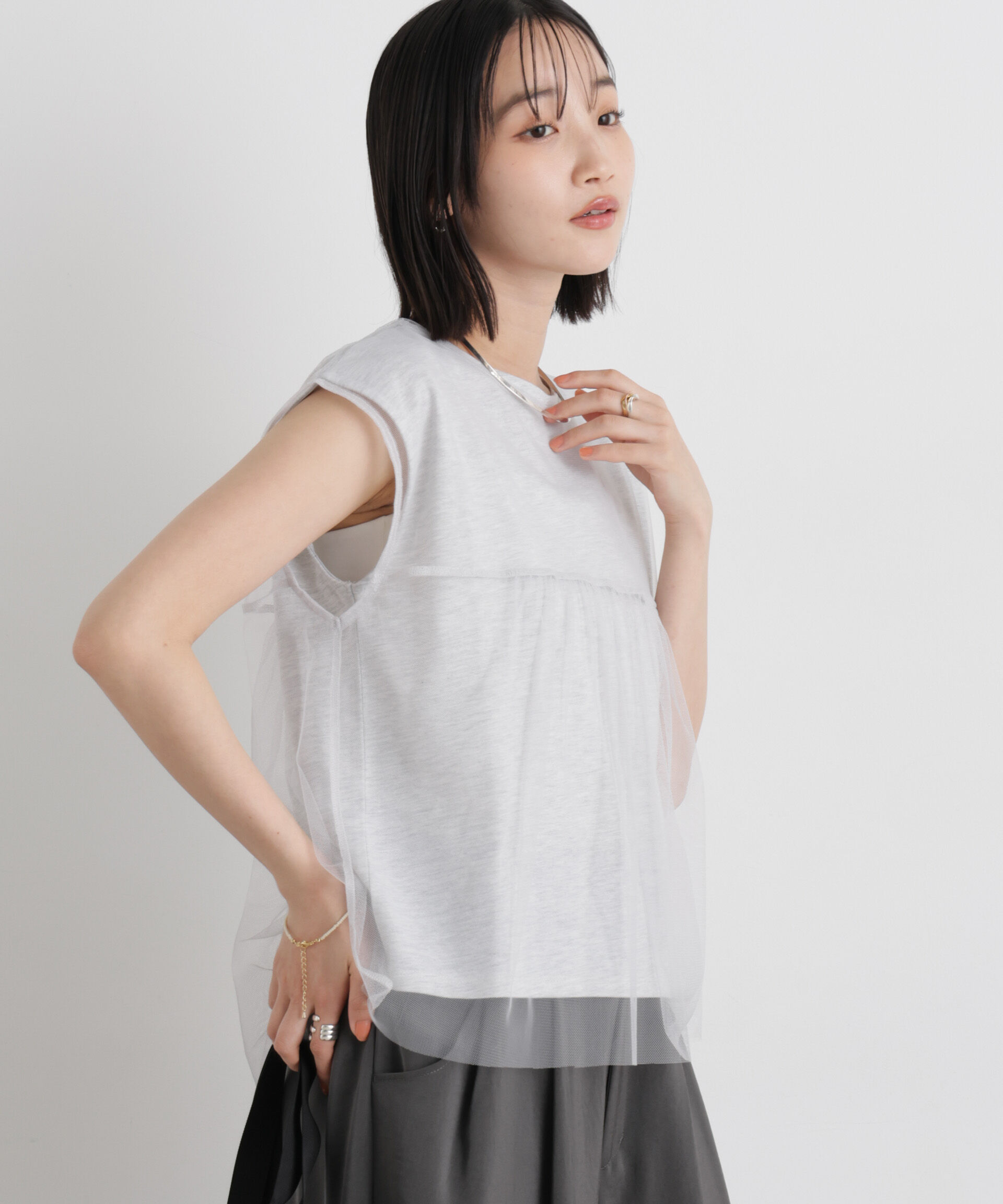 NANO universe「チュールギャザーブラウス&カットトップス アンサンブルセット」|Tシャツ・カットソー|