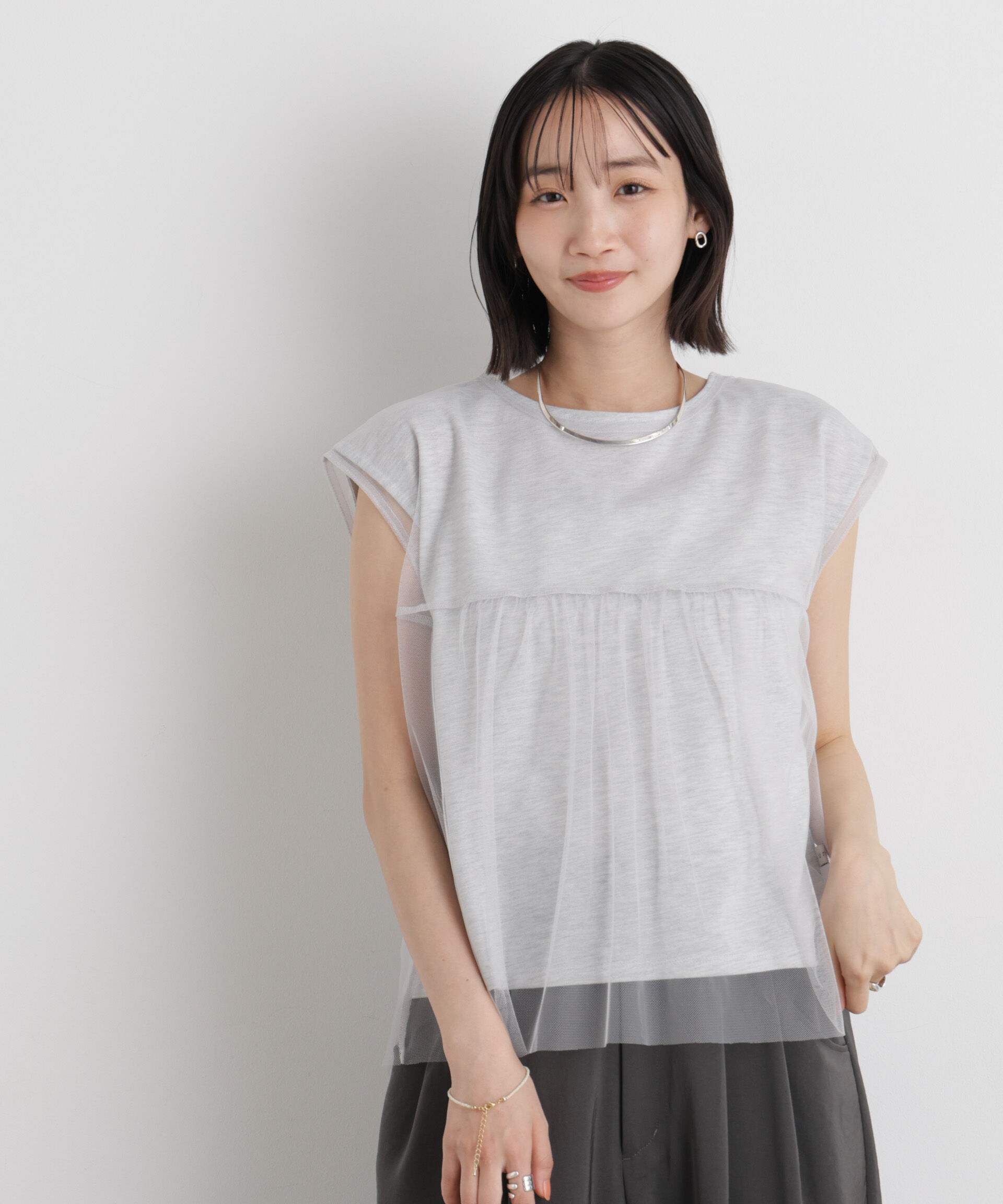 NANO universe「チュールギャザーブラウス&カットトップス アンサンブルセット」|Tシャツ・カットソー|
