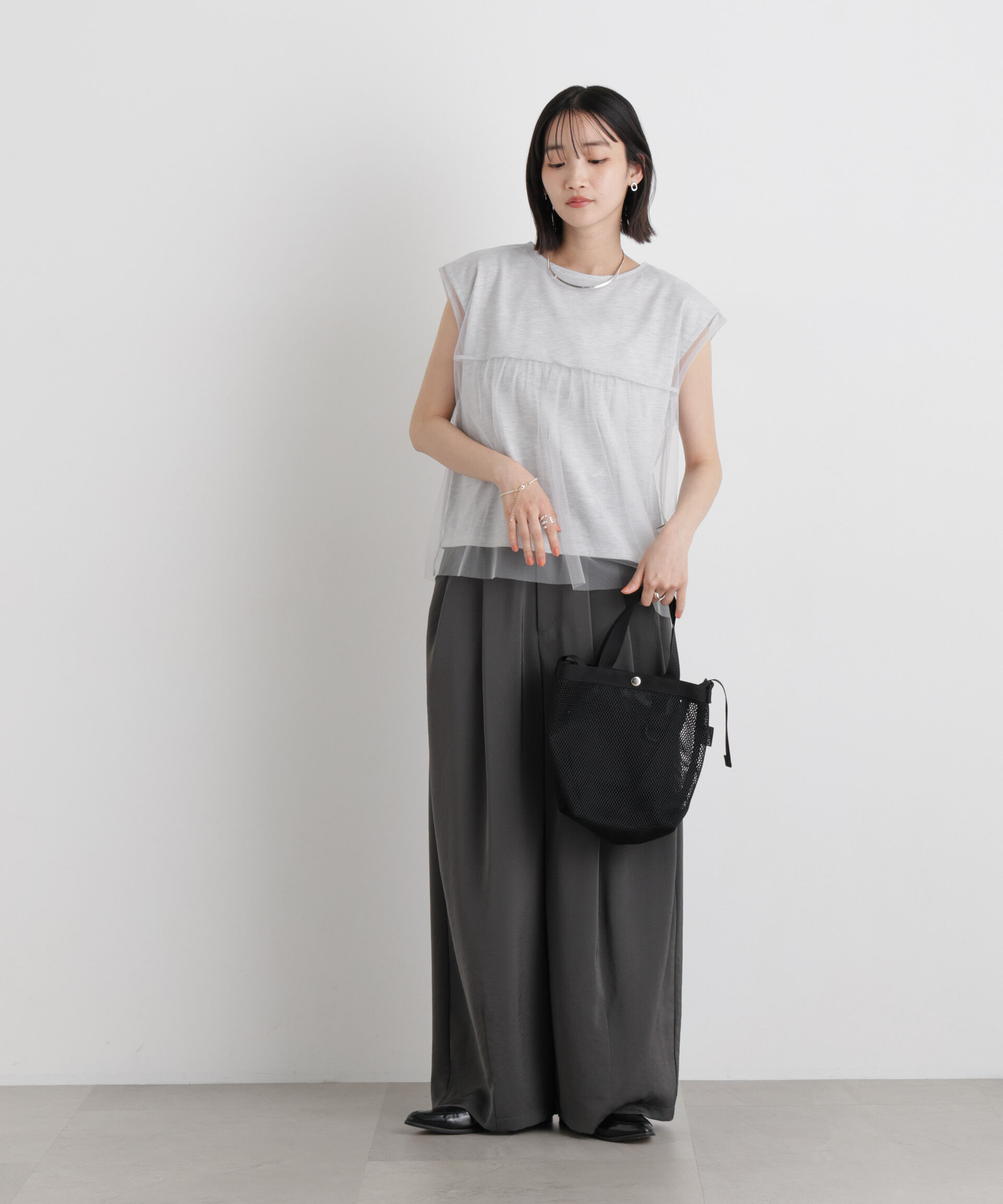 NANO universe「チュールギャザーブラウス&カットトップス アンサンブルセット」|Tシャツ・カットソー|