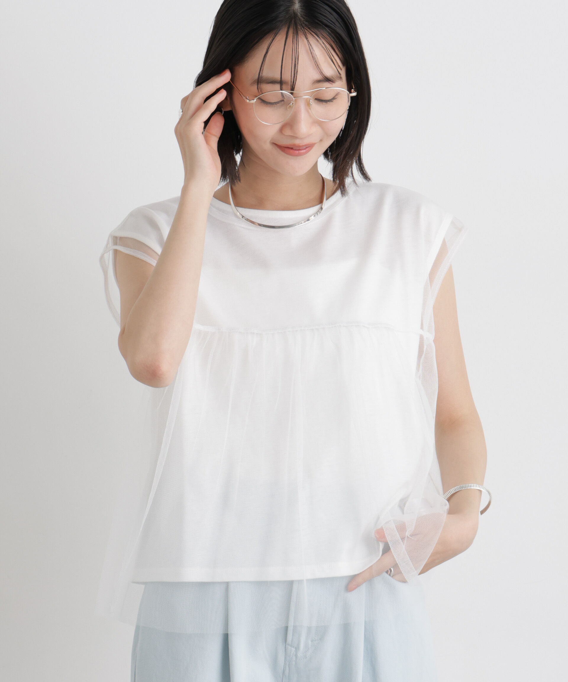 NANO universe「チュールギャザーブラウス&カットトップス アンサンブルセット」|Tシャツ・カットソー|