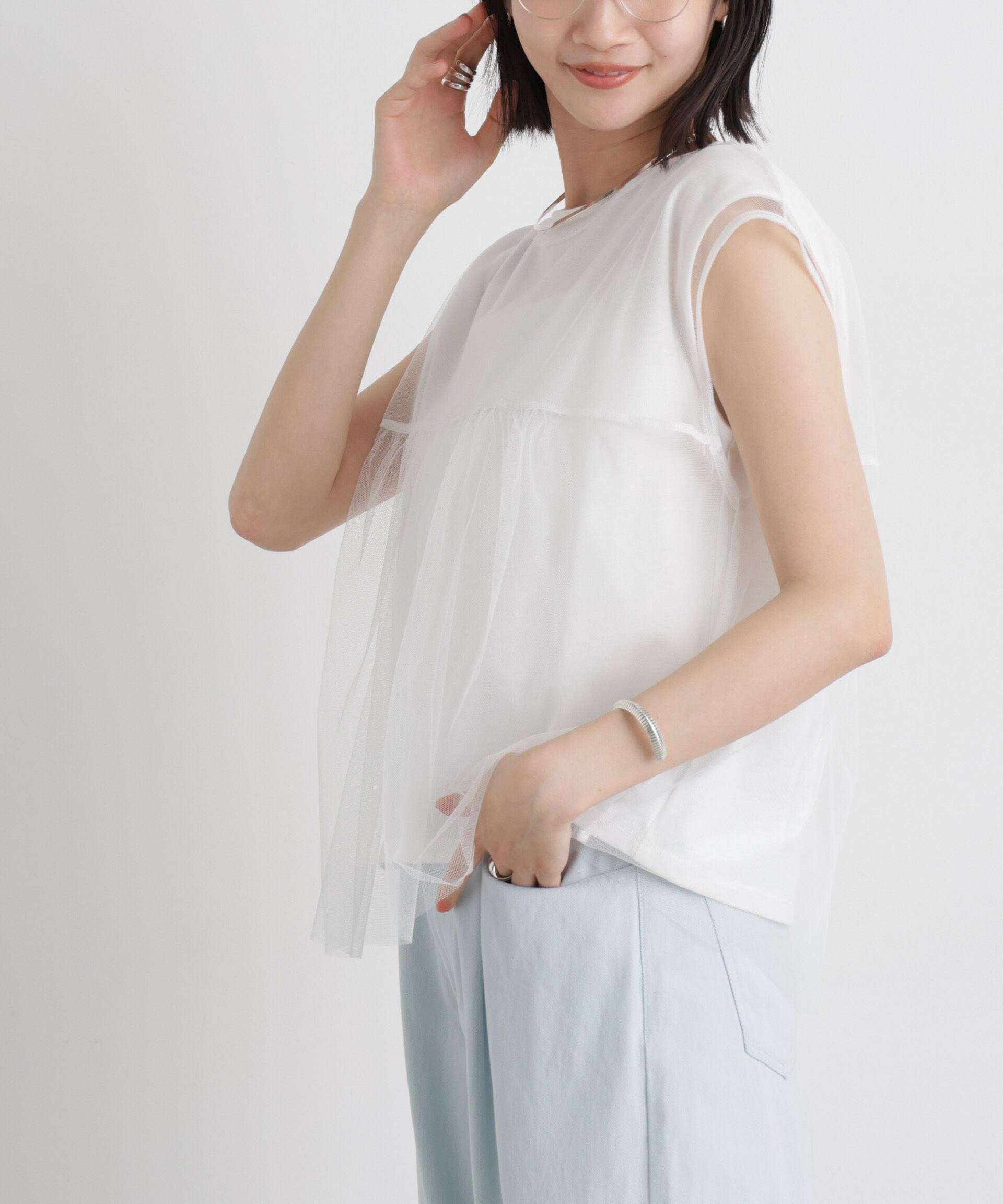 NANO universe「チュールギャザーブラウス&カットトップス アンサンブルセット」|Tシャツ・カットソー|