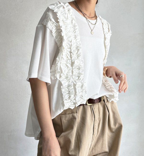  「【WEB限定】ランダムフリルワッフル半袖トップス」|Tシャツ・カットソー|