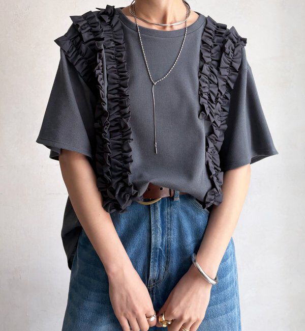  「【WEB限定】ランダムフリルワッフル半袖トップス」|Tシャツ・カットソー|