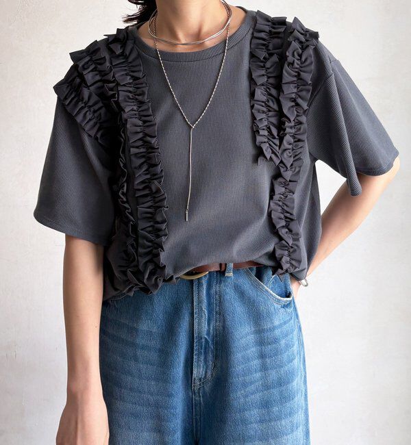  「【WEB限定】ランダムフリルワッフル半袖トップス」|Tシャツ・カットソー|