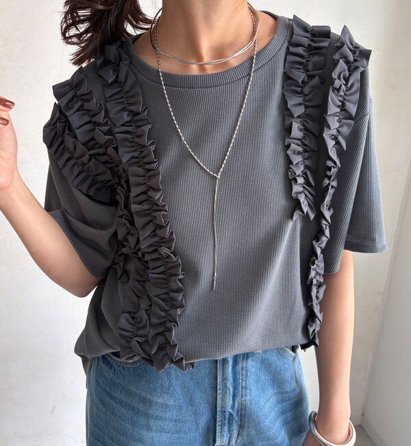  「【WEB限定】ランダムフリルワッフル半袖トップス」|Tシャツ・カットソー|