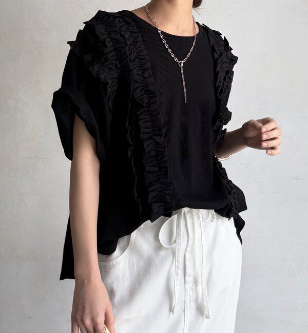  「【WEB限定】ランダムフリルワッフル半袖トップス」|Tシャツ・カットソー|ブラック