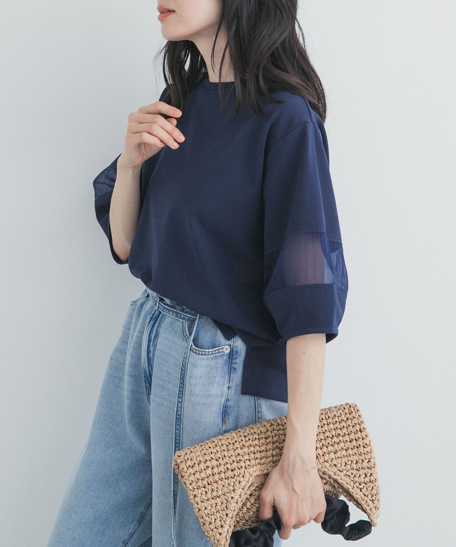 URBAN RESEARCH DOORS「異素材ドッキングスリーブプルオーバー」|Tシャツ・カットソー|ネイビー