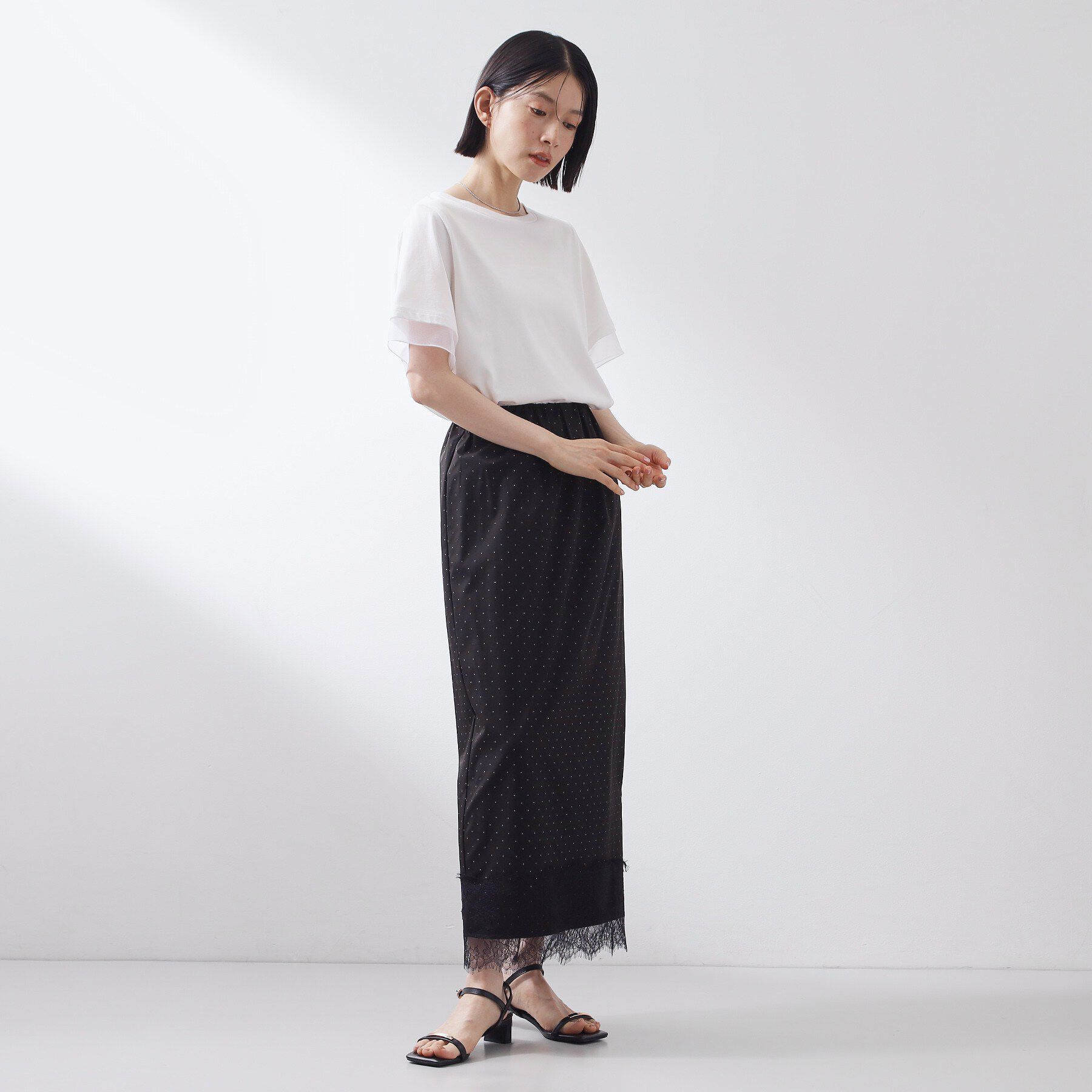 THE SHOP TK「【セットアップ可】ドット柄 裾レースナロースカート」|スカート|