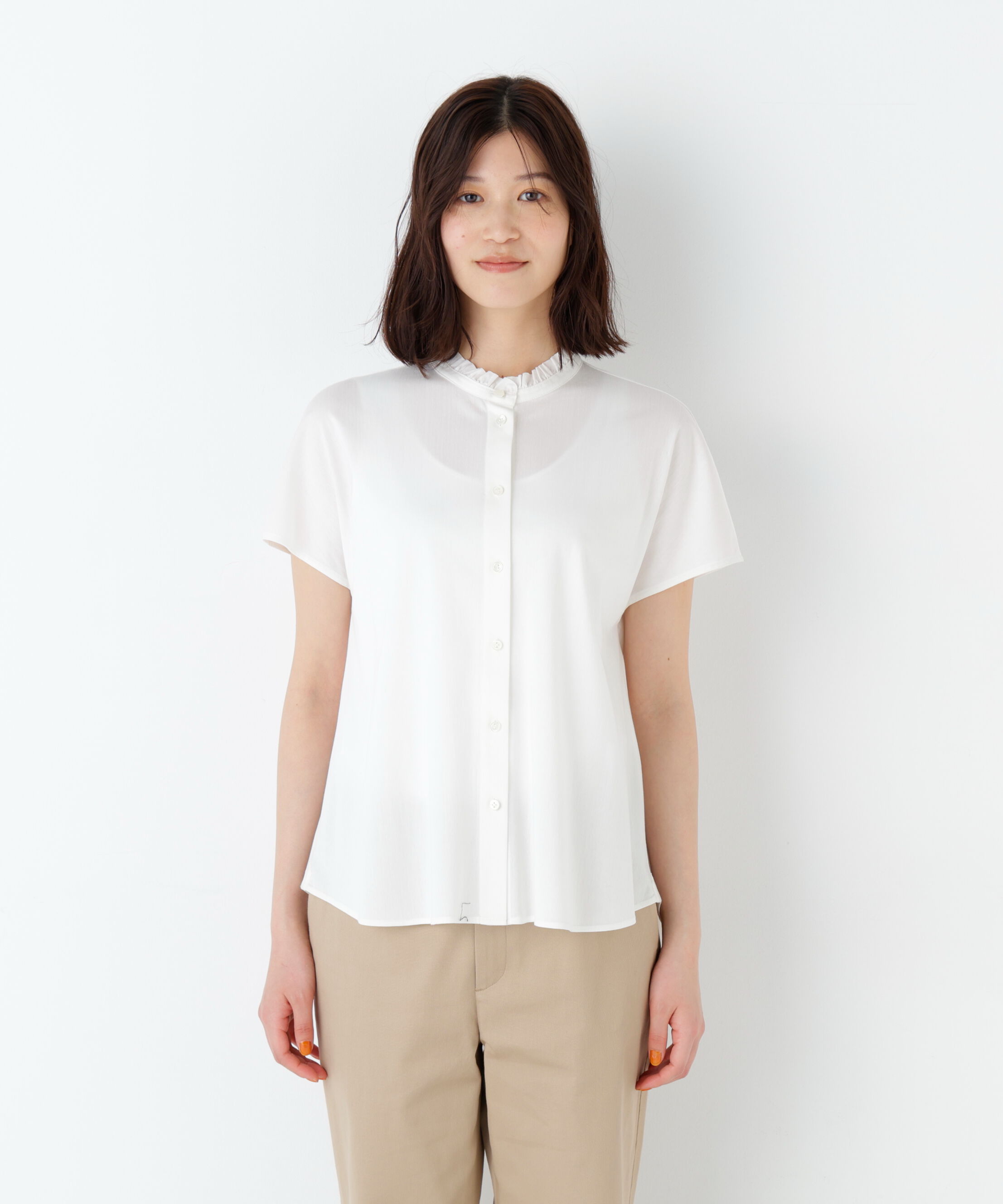  「《大人気追加入荷！ / 洗える》ライトカットソースタンドフリルブラウス」|Tシャツ・カットソー|
