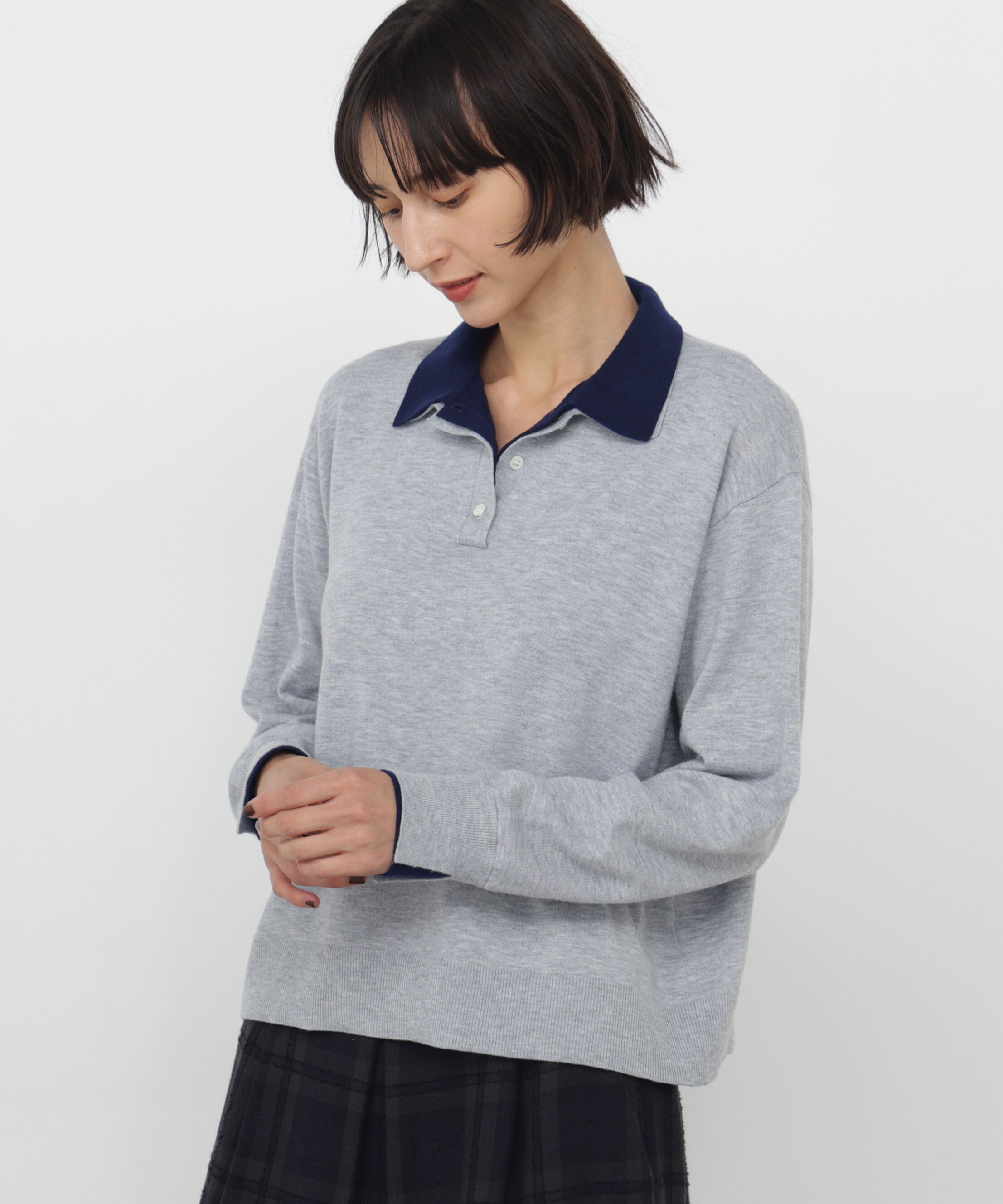  「◆配色衿ポロニット」|ニット・セーター|グレーxネイビ