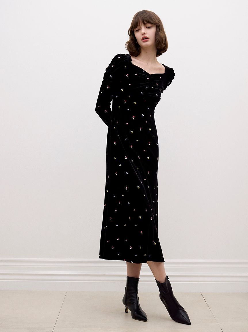 CELFORD「小花刺繍ベロアワンピース」|ワンピース|BLK