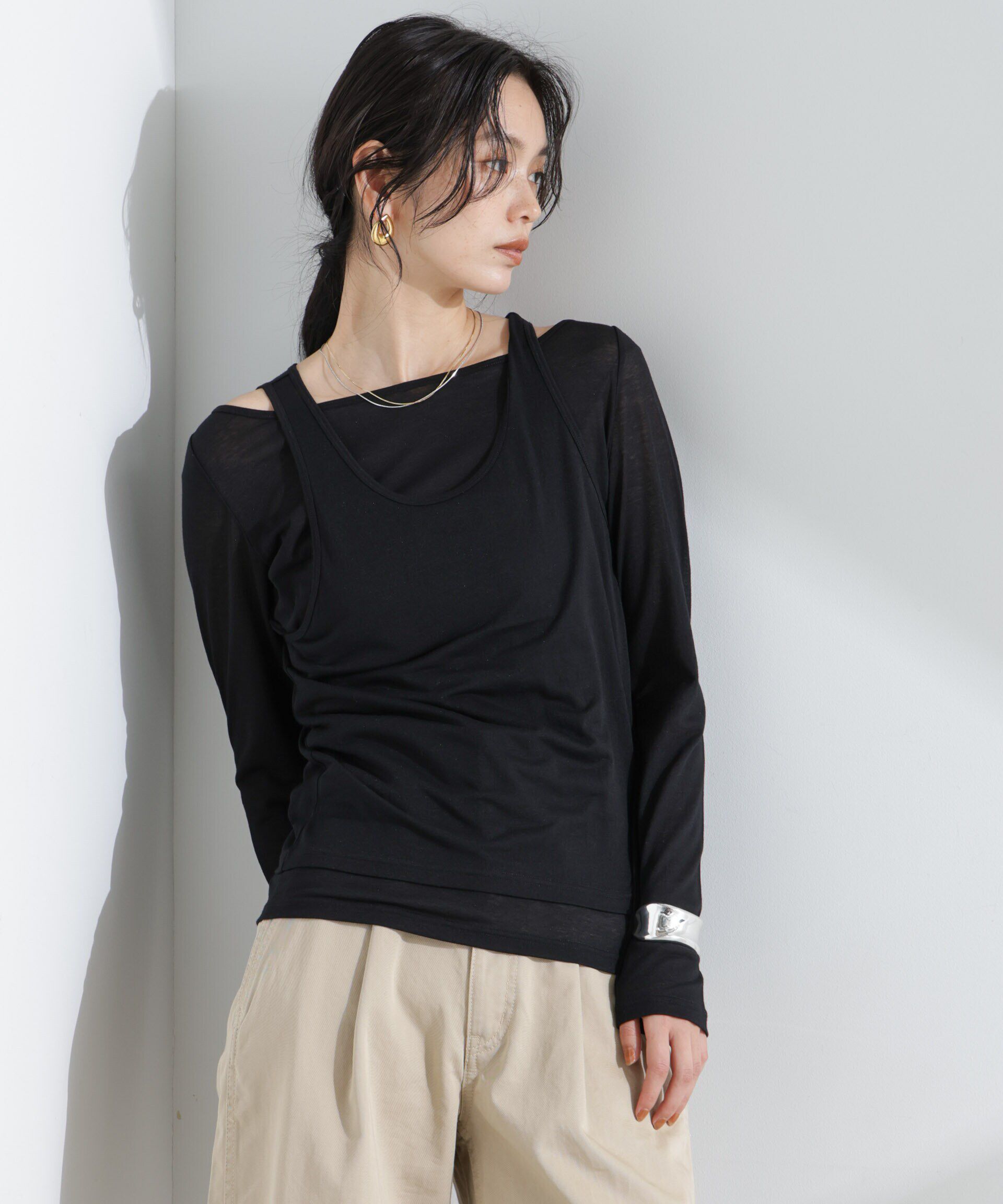 NANO universe「シアータンクトップ＋ロンTレイヤードセット」|Tシャツ・カットソー|ブラック
