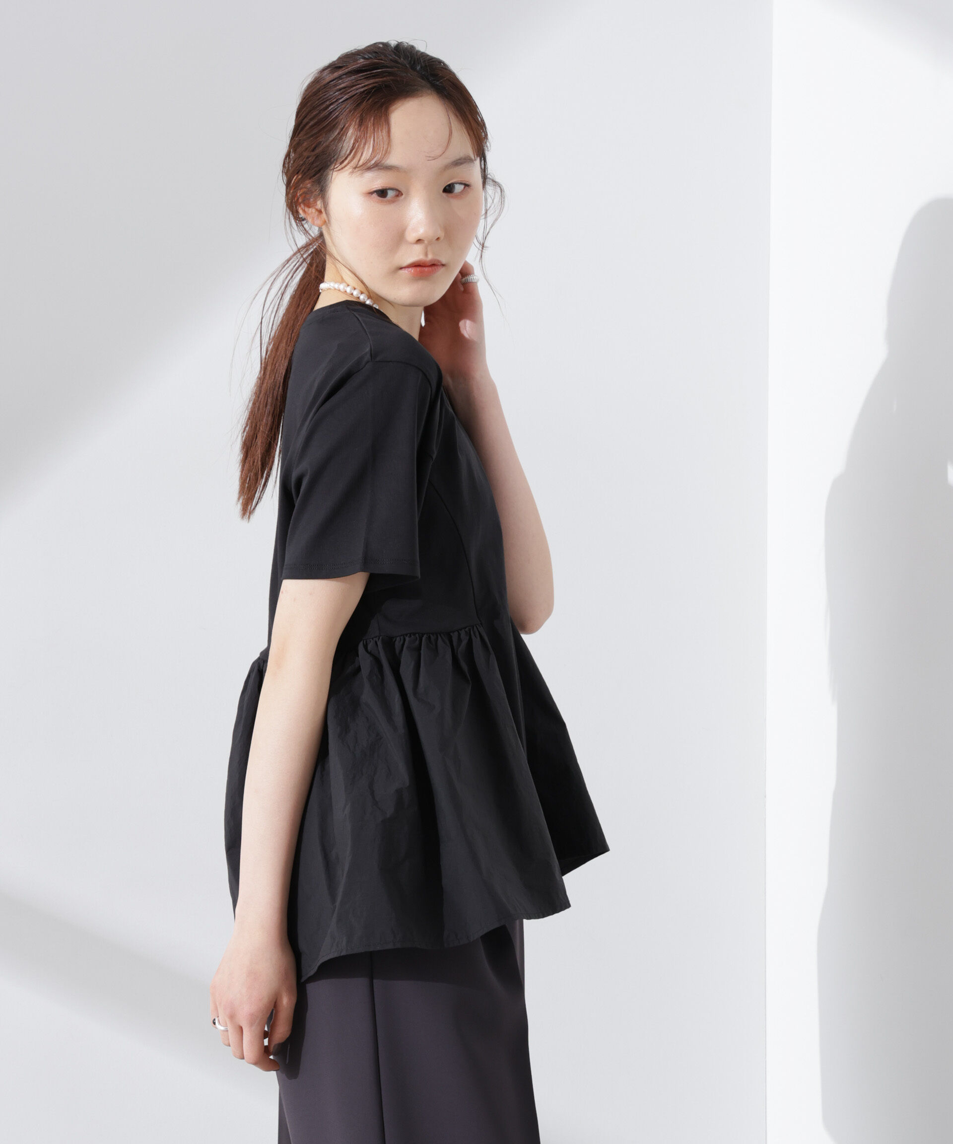 NANO universe「布帛コンビギャザー切替カットトップス」|Tシャツ・カットソー|