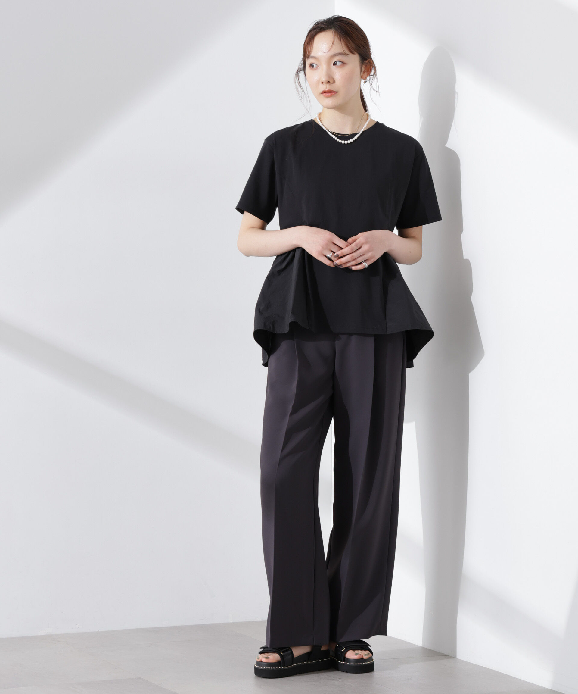 NANO universe「布帛コンビギャザー切替カットトップス」|Tシャツ・カットソー|