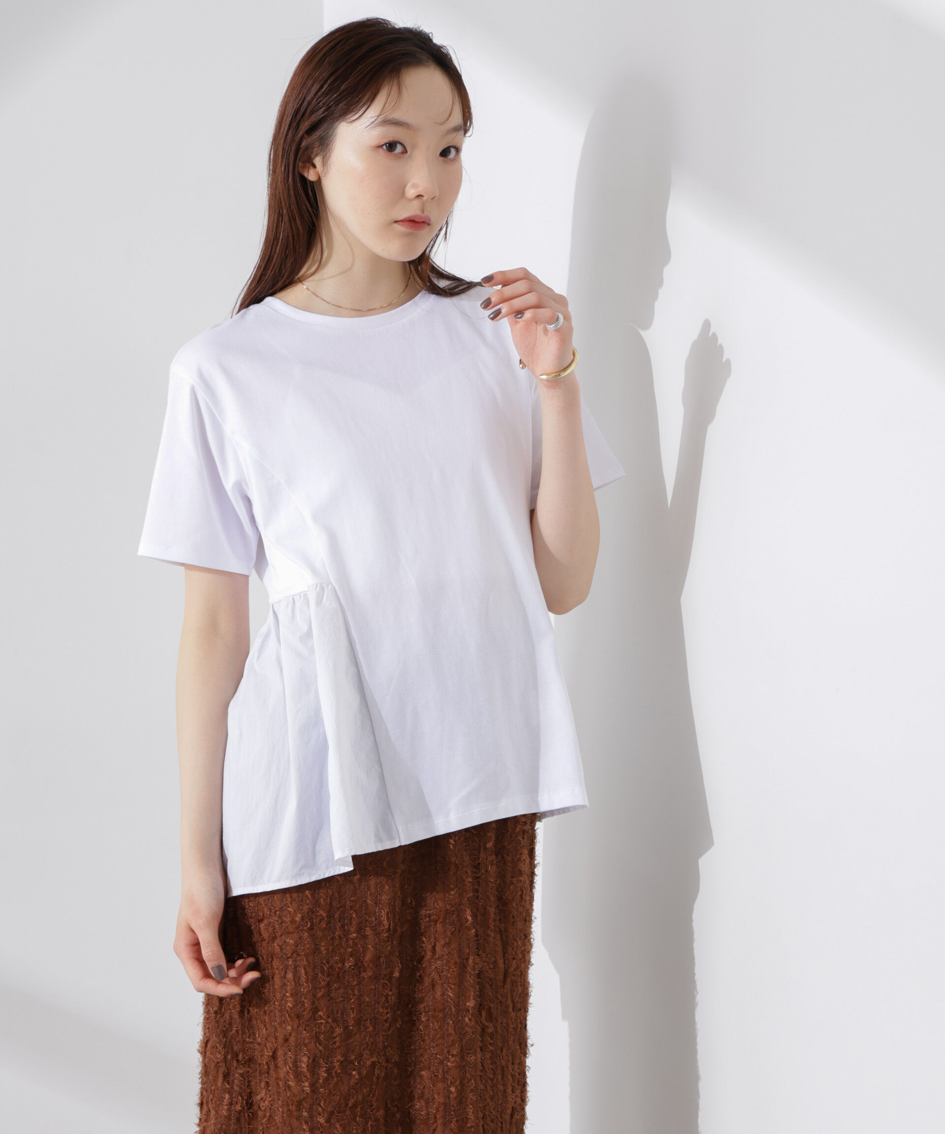 NANO universe「布帛コンビギャザー切替カットトップス」|Tシャツ・カットソー|