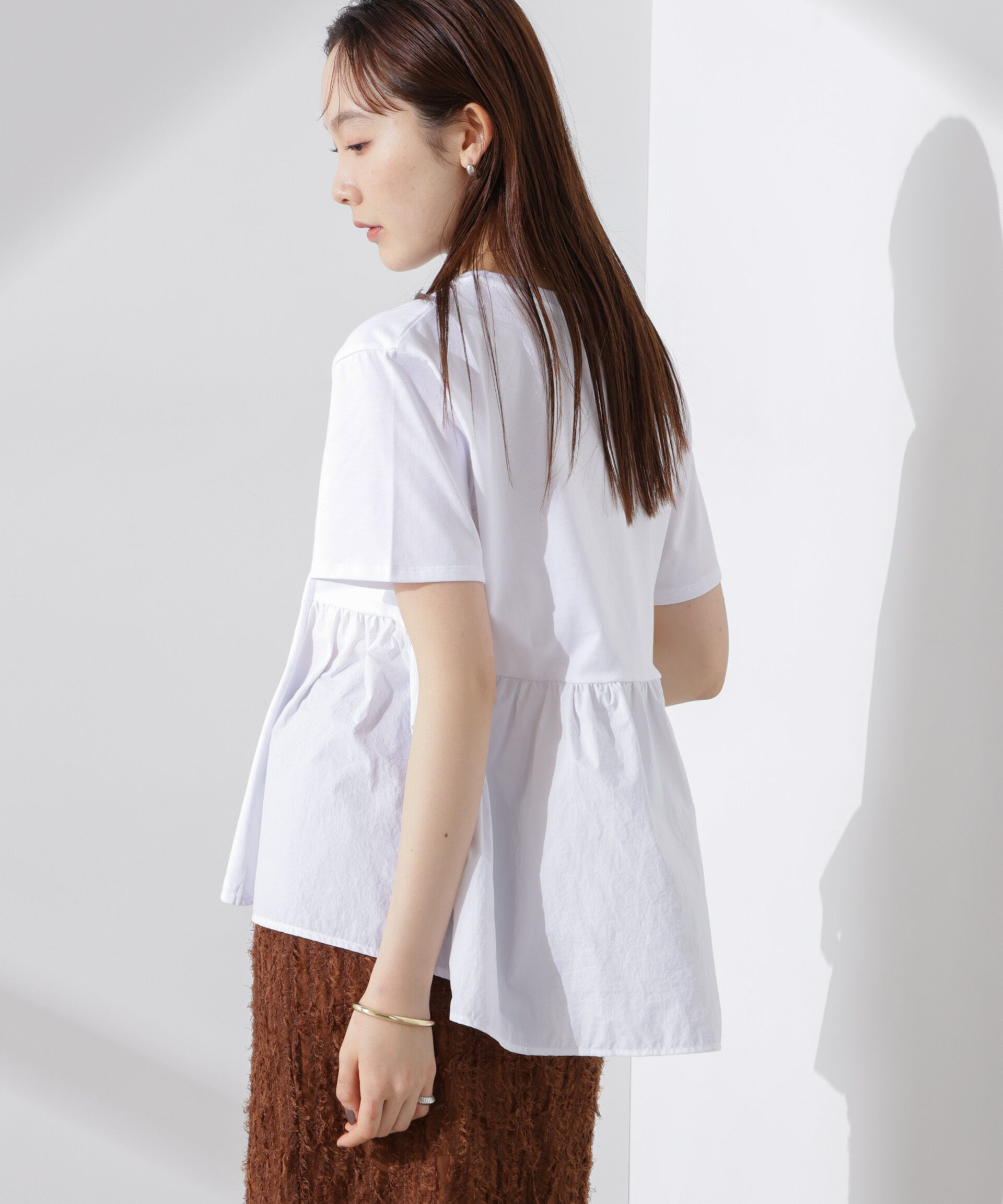 NANO universe「布帛コンビギャザー切替カットトップス」|Tシャツ・カットソー|