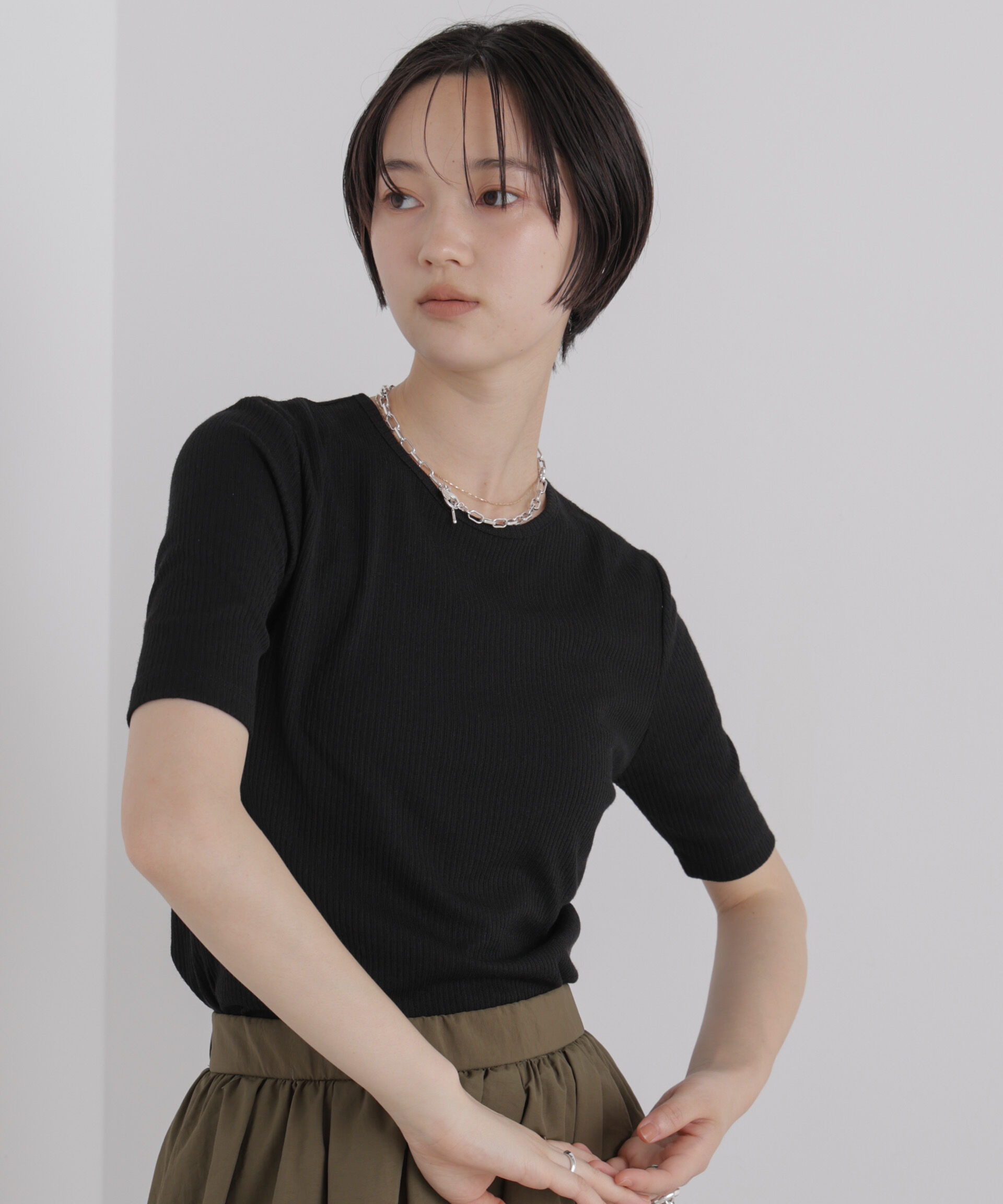 NANO universe「ソフトシアーリブクルーネック半袖トップス」|Tシャツ・カットソー|