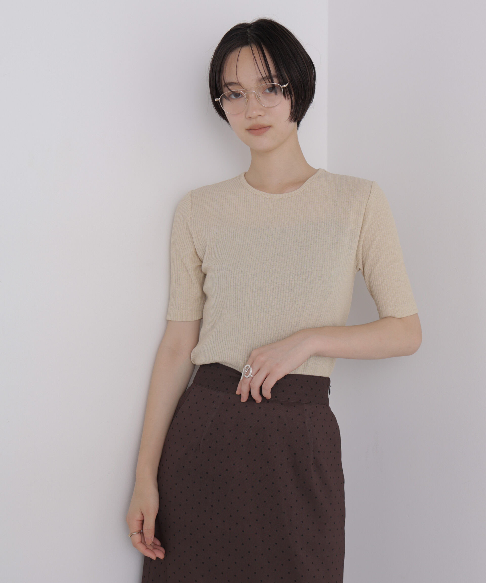 NANO universe「ソフトシアーリブクルーネック半袖トップス」|Tシャツ・カットソー|