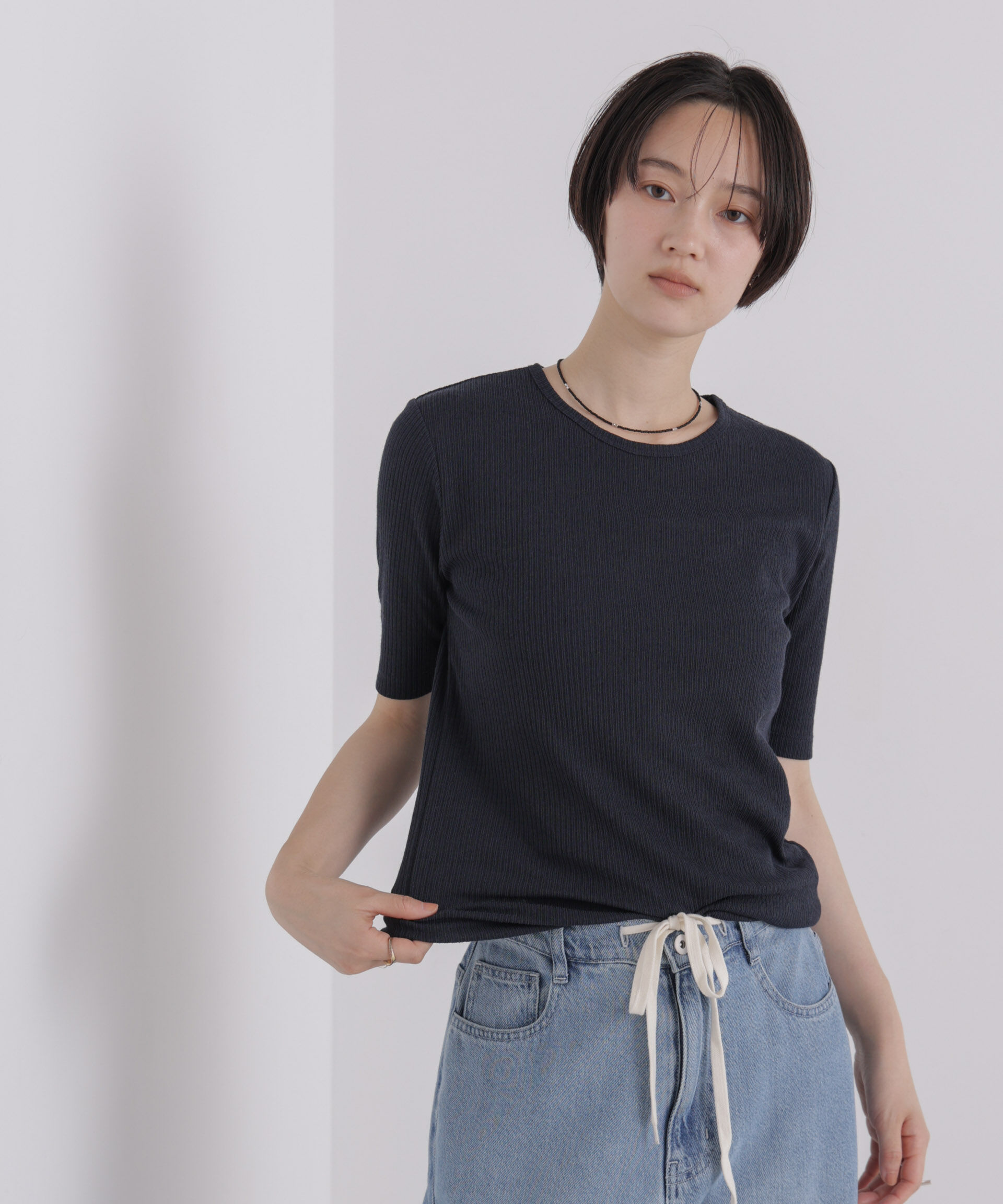 NANO universe「ソフトシアーリブクルーネック半袖トップス」|Tシャツ・カットソー|