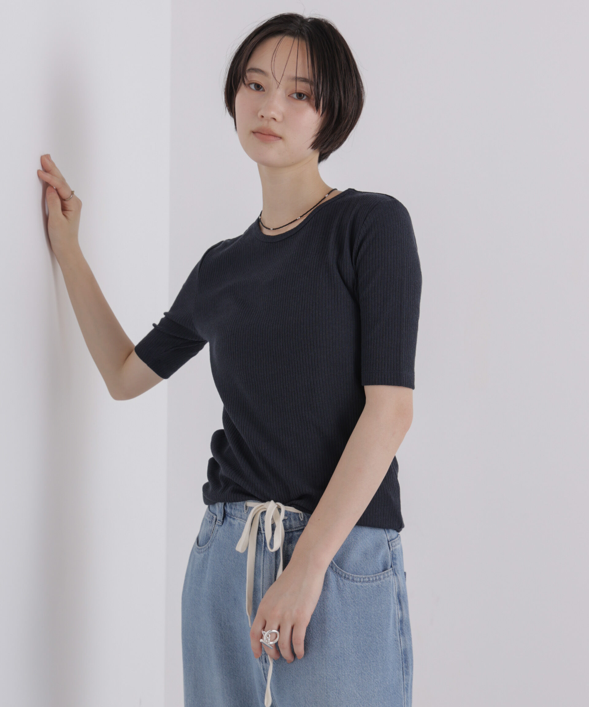 NANO universe「ソフトシアーリブクルーネック半袖トップス」|Tシャツ・カットソー|