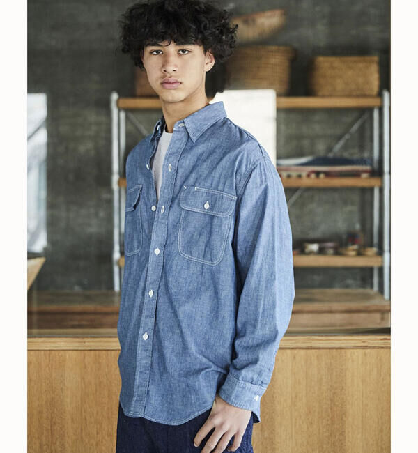  「orSlow | シャンブレー フラップポケットワークシャツ MEN」|シャツ・ブラウス|