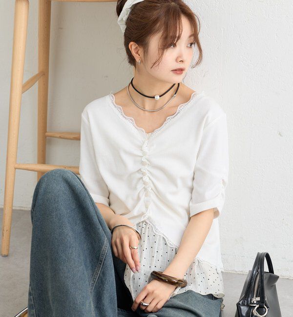  「半袖ギャザーリブカーディガン」|Tシャツ・カットソー|
