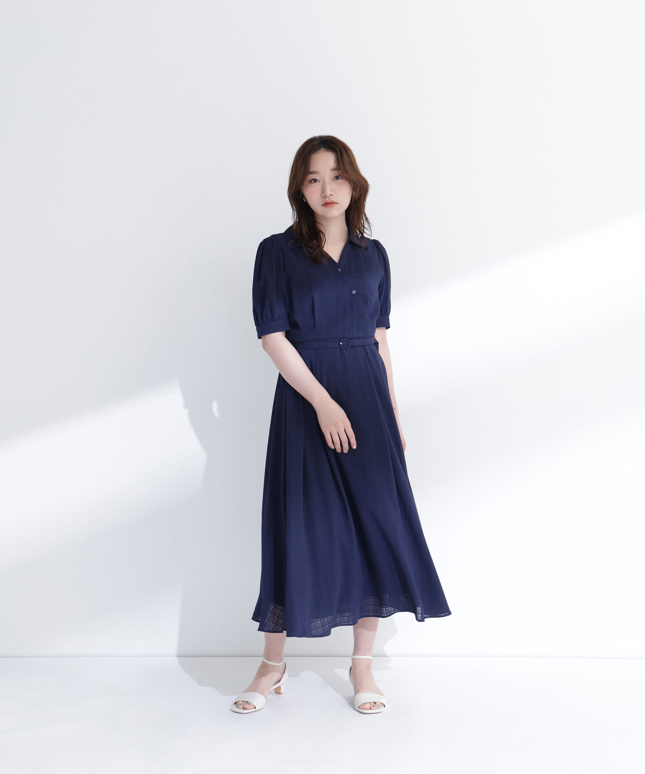  「シャドーチェックカシュクールワンピース」|ワンピース|ネイビー