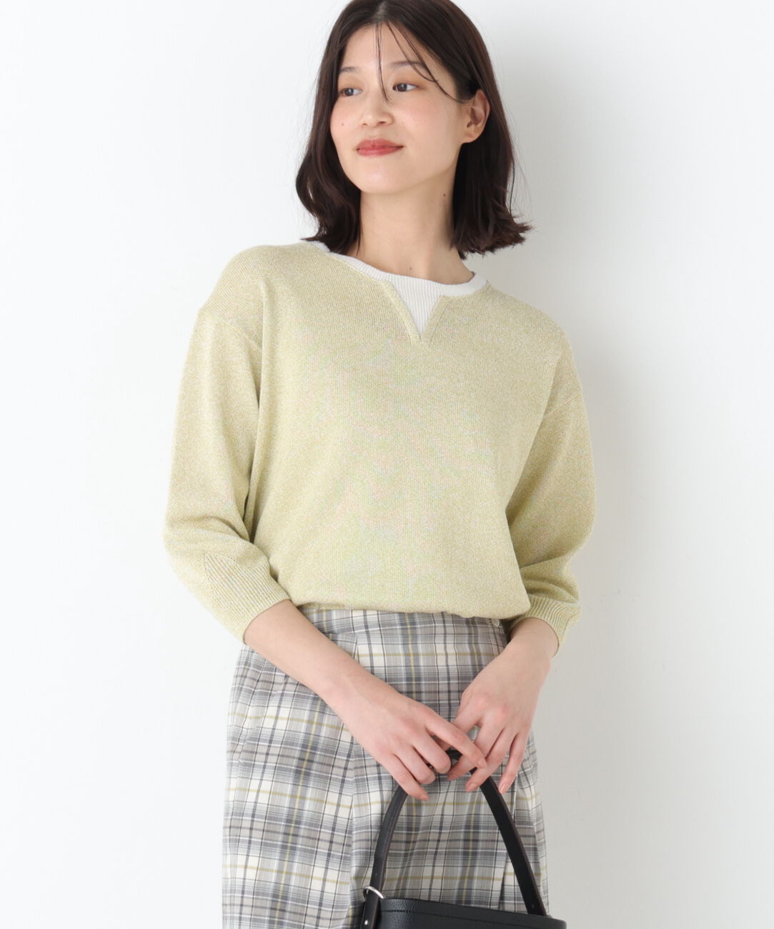  「◆《名品 / 洗える》　ペーパーヤーンクルーネックプルオーバー」|ニット・セーター|イエロー&times;ホワ
