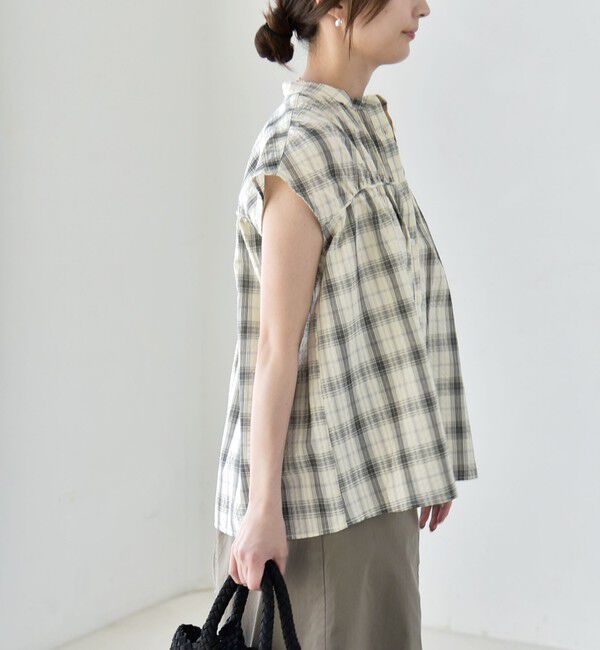 quaranciel「quaranciel:〈手洗い可能〉チェック ギャザー バンドカラー フレンチ シャツ」|シャツ・ブラウス|