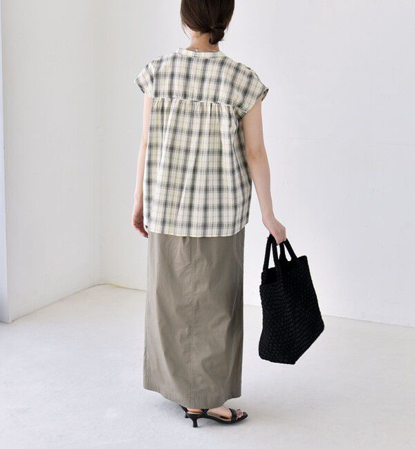 quaranciel「quaranciel:〈手洗い可能〉チェック ギャザー バンドカラー フレンチ シャツ」|シャツ・ブラウス|